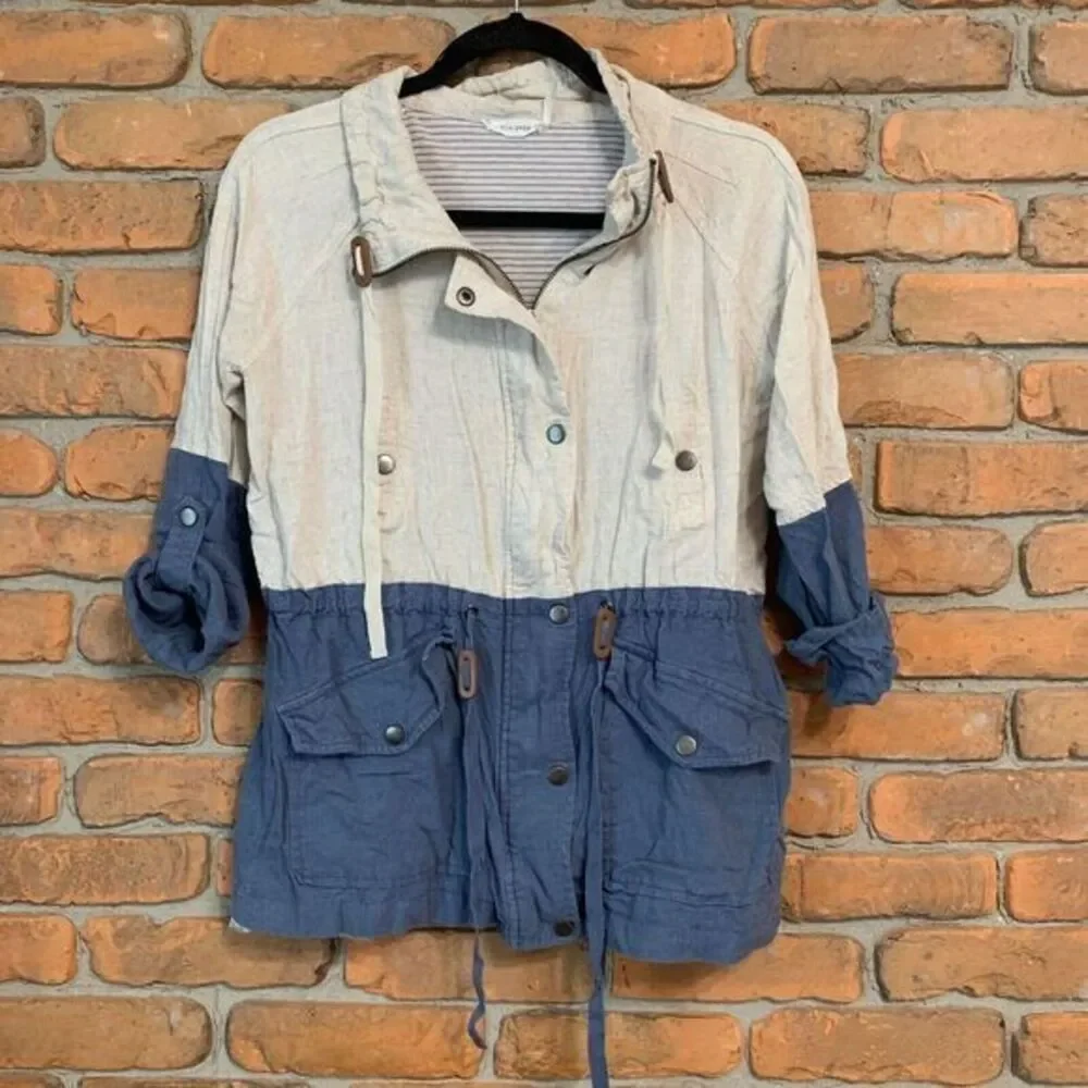 Blu Pepper Womens Colorblock Linen‎ Blend Utility Jacket Blue Cream Small BA4790